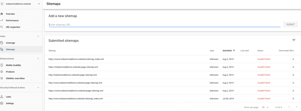 Vista de Google Search Console para Todo en Modelismo el 2019-08-05 en la pestaña sitemaps.