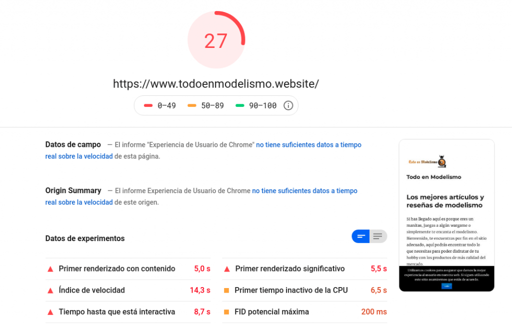 Captura de pantalla del PageSpeed para la versión mobile de Todoenmodelismo.website