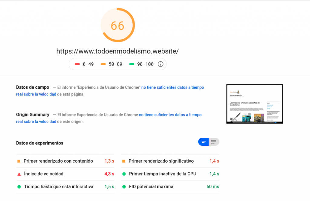 Captura de pantalla del PageSpeed para la versión desktop de Todoenmodelismo.website