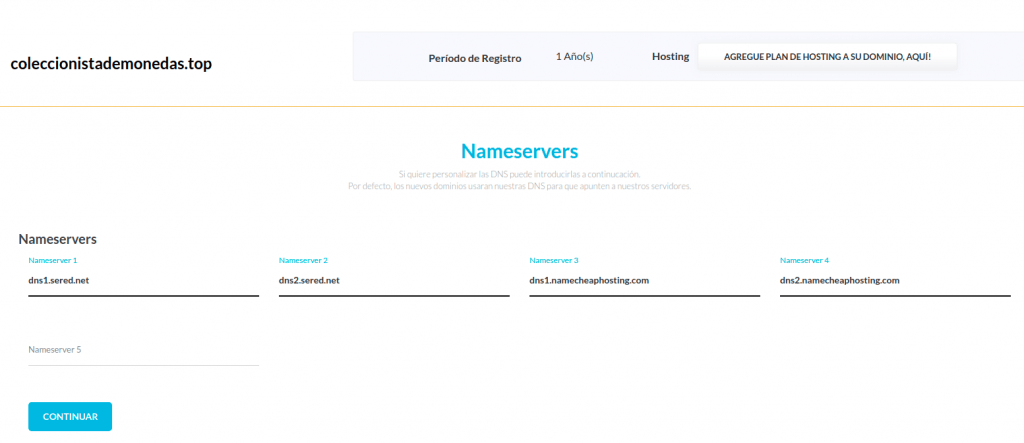 Pantalla de selección de Nameservers en sered.net
