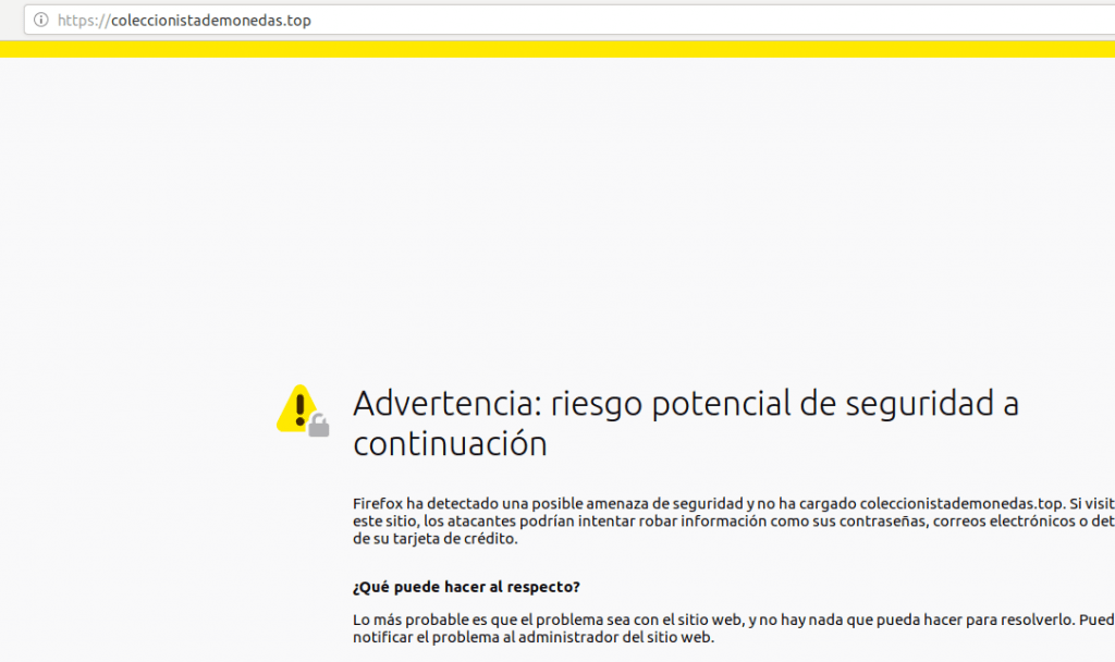 Vista cuando un dominio no está asegurado con SSL