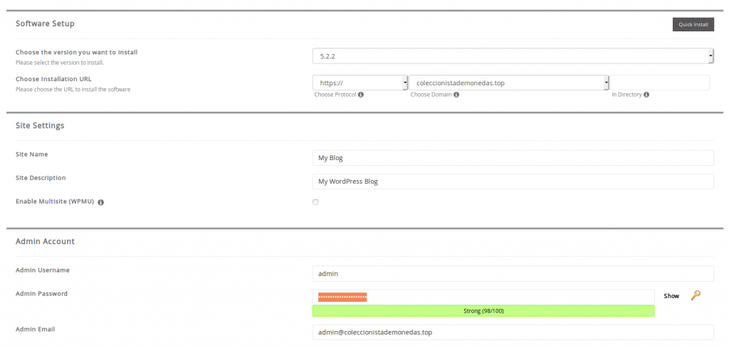 Pantalla de instalación de WordPress dentro del script Softaculous