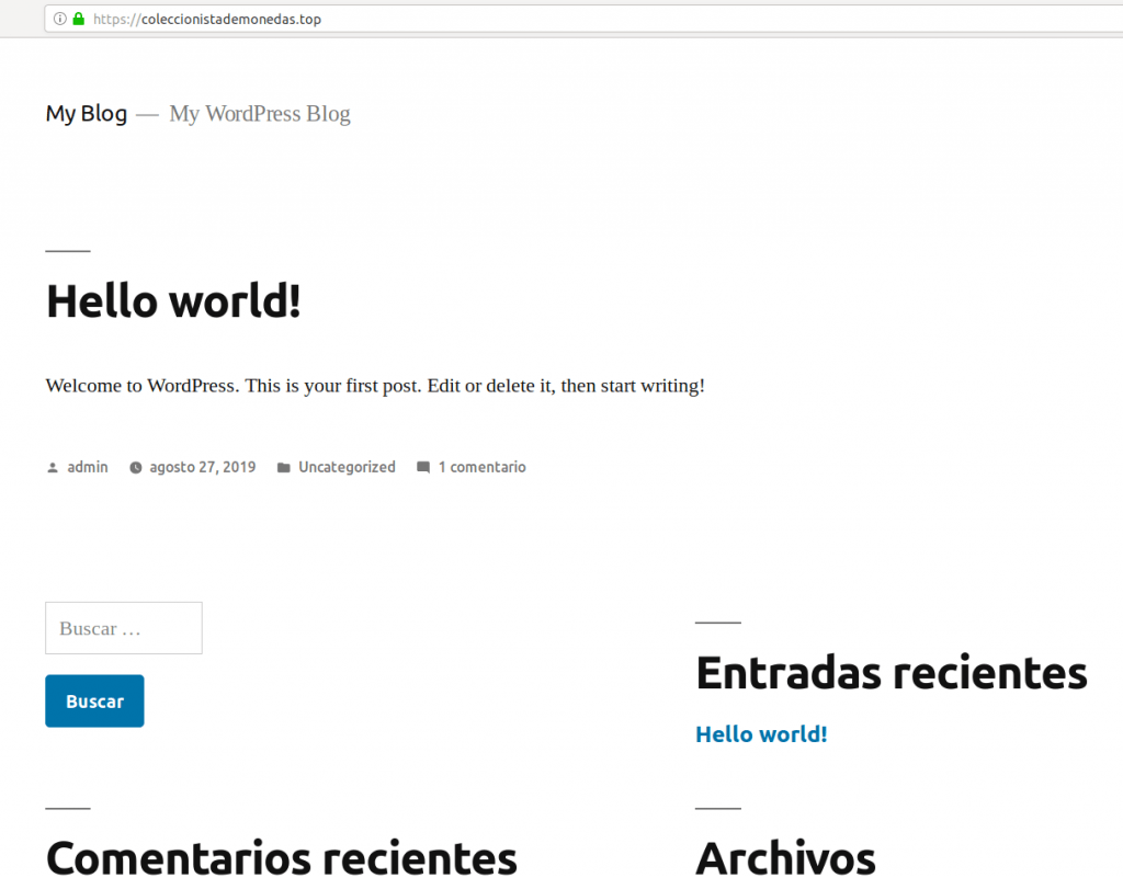 Vista del WordPress coleccionistademonedas.top recién instalado