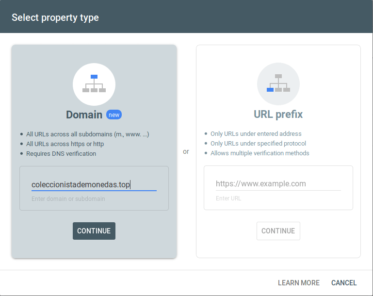 Vista de la ventana en la aplicación de Google Search Console para verificar la propiedad del dominio coleccionistademonedas.top