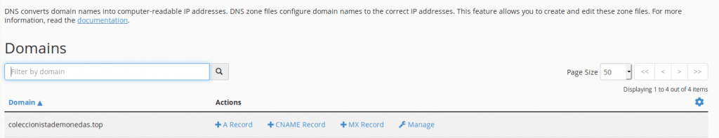 Vista del Zone editor de CPanel. Para añadir un registro TXT hemos de pulsar en Manage.