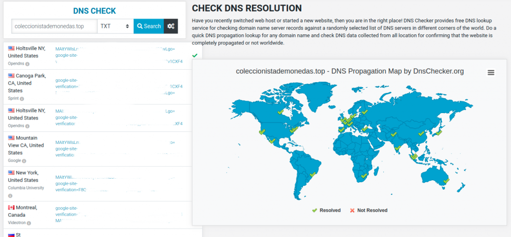 Imagen de la web DNSChecker.org cuando la información se ha propagado adecuadamente.