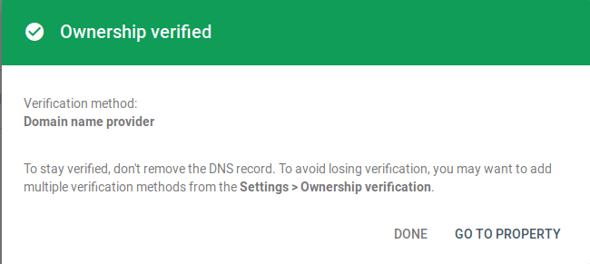 Mensaje de propiedad verificada en Google Search Console.