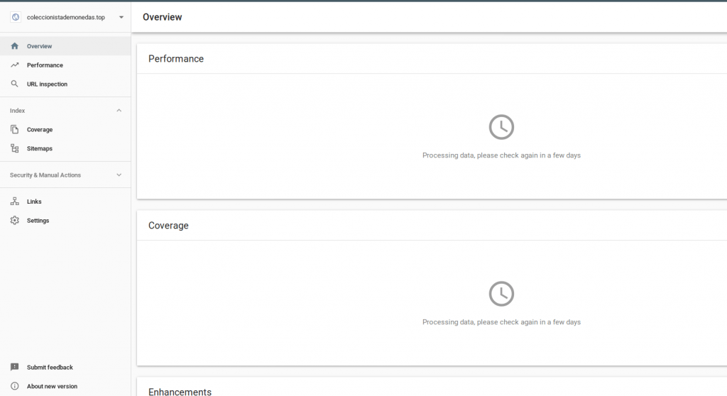Vista de Google Search Console cuando se acaba de verificar una propiedad. Hay que esperar unos días para poder ver los datos.