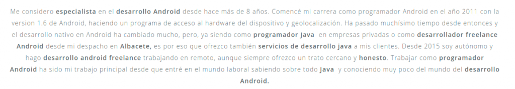Captura de pantalla de un fragmento de la web Walkiria Apps donde intento posicionar varias palabras clave interesantes.