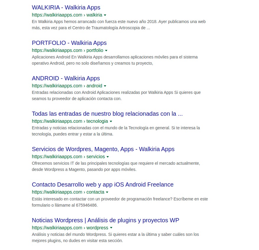 Captura de pantalla de los resultados de google tras escribir el comando site con el dominio de Walkiria Apps