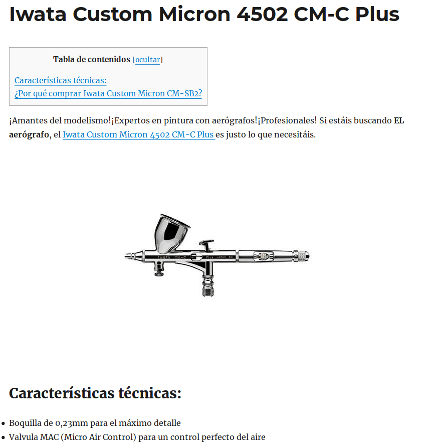 Ejemplo de reseña de producto en todoenmodelismo.website . En esta ocasión elegí un aerógrafo, el mejor del mercado.