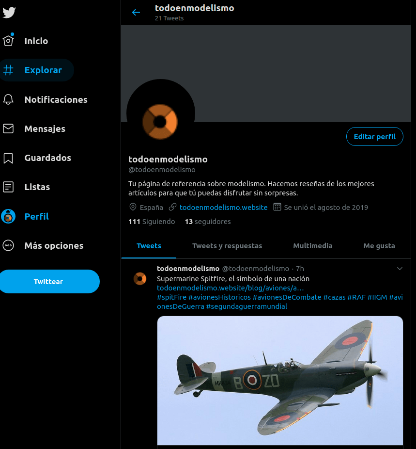 Captura de pantalla del perfil de todoenmodelismo.