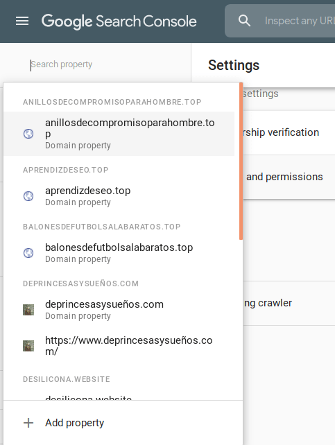 Imagen de la vista de google search console que nos permite añadir un nuevo dominio