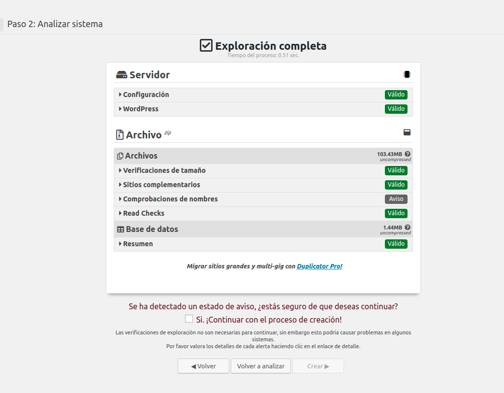 Vista previa a la replicación del WordPress antes de la migración a otro hosting