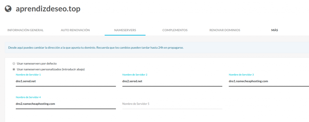 Configuración de los NameServers en el proveedor de dominio antiguo