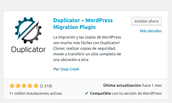 Imagen del plugin duplicator que hay que instalar desde el instalador de plugins de WordPress