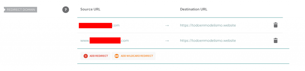 Pantalla que indica cómo redireccionar un dominio a otro en namecheap